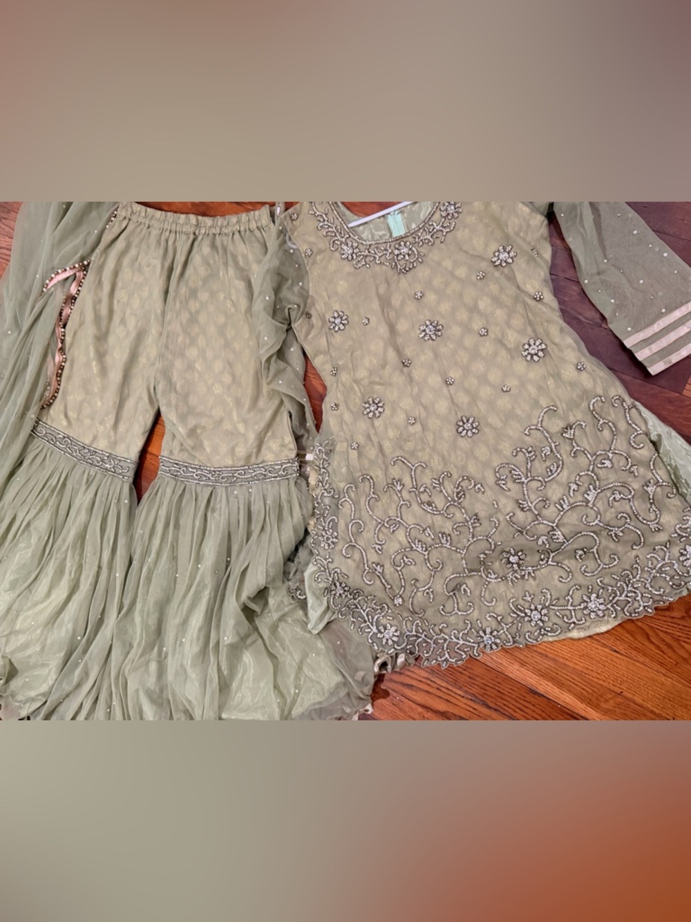 Embroidered Olive Green Pakistani Dress with Sharara Pants